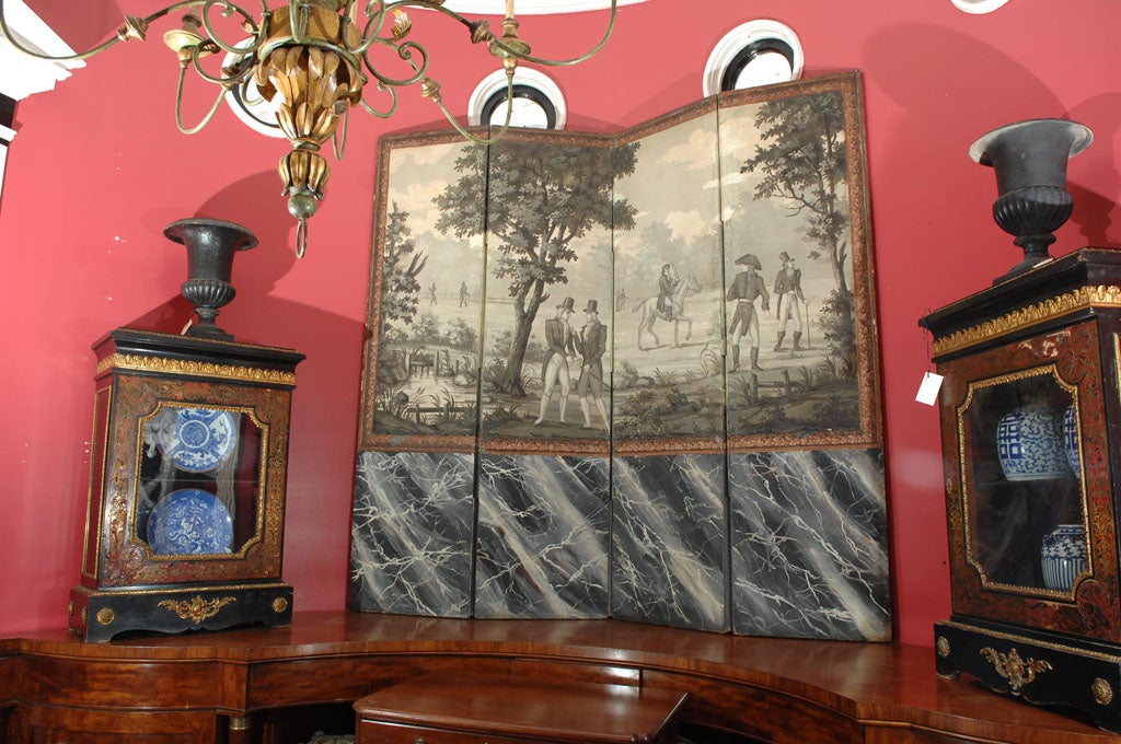 French Dufour Wallpaper four panel screen, depiction gentlemen in sceenic park setting. Screen has faux marblized paper at bottom and sceen is bordered in oak leaf and acorn ribbon border<br />
paper.