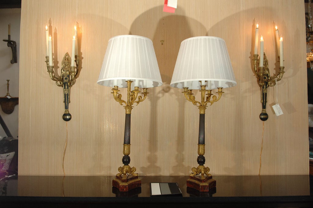 Pair of Charles X  Patinated and Gilt Bronze Candelabra as Lamps