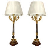 Pair of Charles X  Patinated and Gilt Bronze Candelabra as Lamps