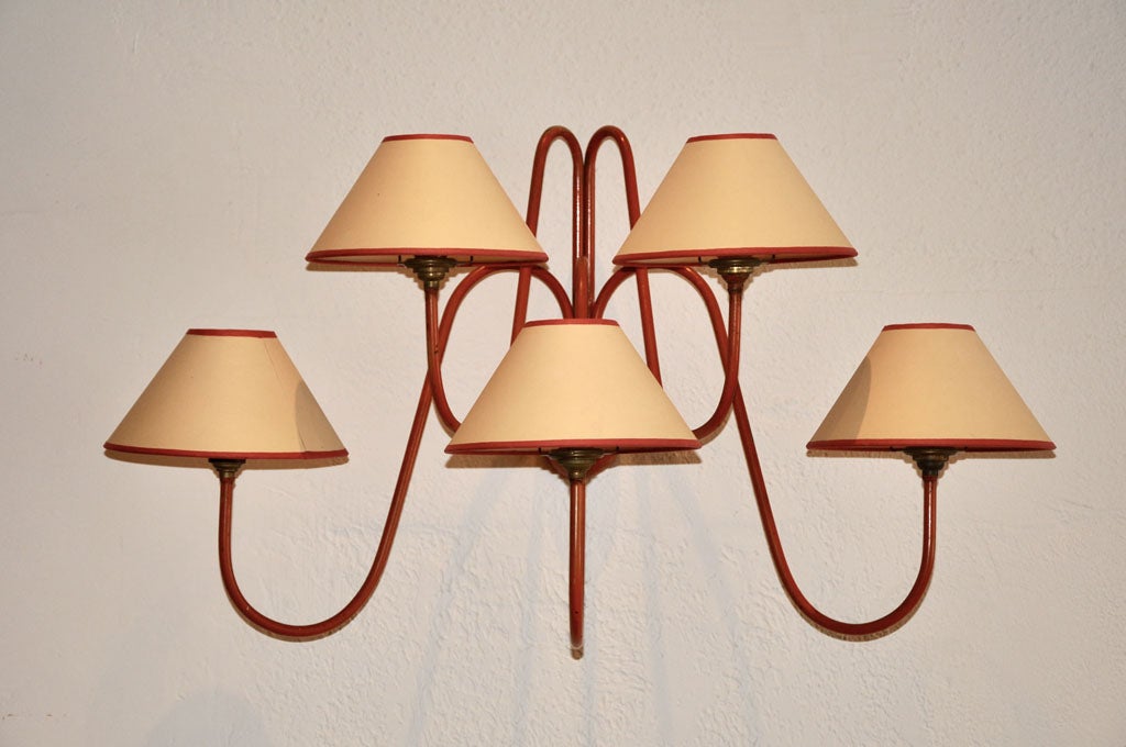 jean royere 5 light wall sconce in original reddish coral finish,