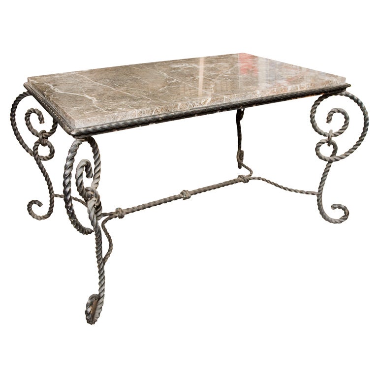 Ornate 1940's Wrought Iron and Marble Coffee Table For Sale