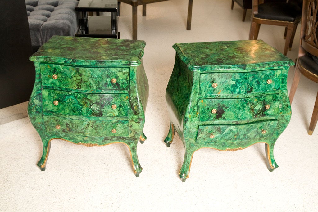 Wood Pair of Italian Faux Malachite Bombe Chests