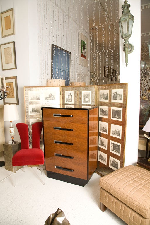 Good looking two-tone bureau in the art deco style, designed for Widdicomb furniture company by Donald Deskey in the 1930's, with silver detail.<br />
<br />
Recently restored, this handsome piece gleams.  Original Widdicomb tags on the inside of