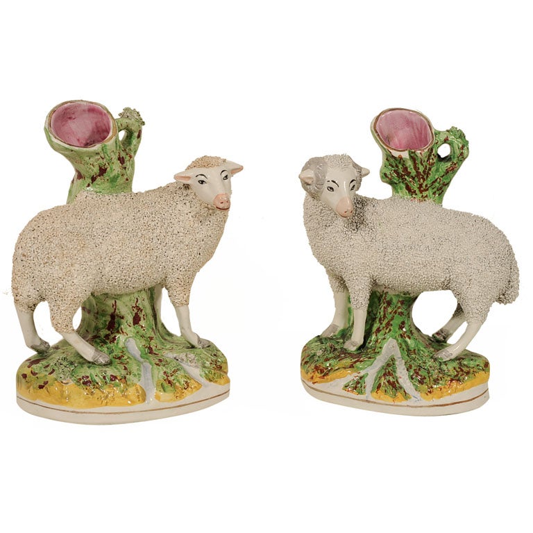 A Pair of  Staffordshire Sheep Spill Vases