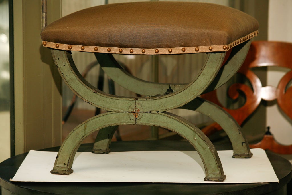 French soft green painted Directoire tabouret with Cocoa colored faille upholstery.