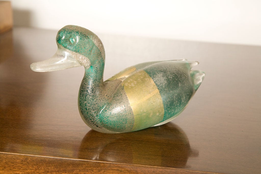 Italian Murano glass duck in gold and green, signed