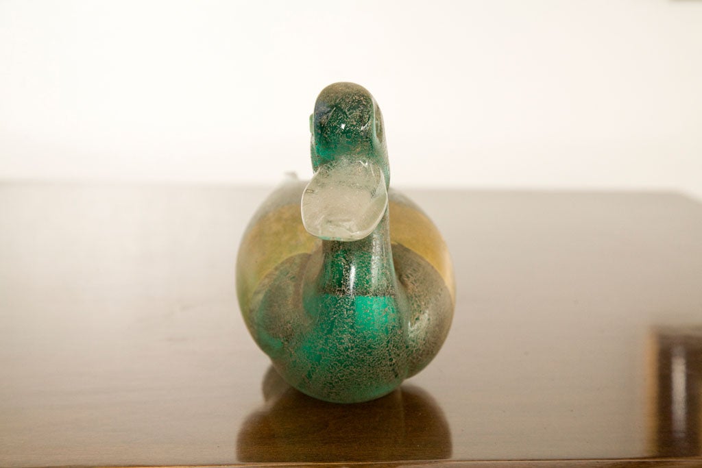 20th Century Murano glass duck in gold and green, signed