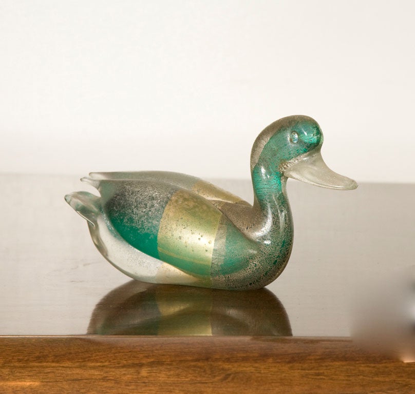 Murano glass duck in gold and green, signed 1