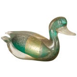 Murano glass duck in gold and green, signed