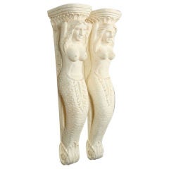 Pair of White Hand Carved Mermaid Sconces