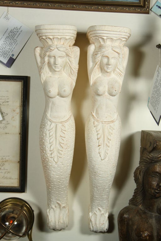 Pair of White Hand Carved Mermaid Sconces