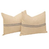 Pair Antique French Linen Grainsack Pillows (Blue)