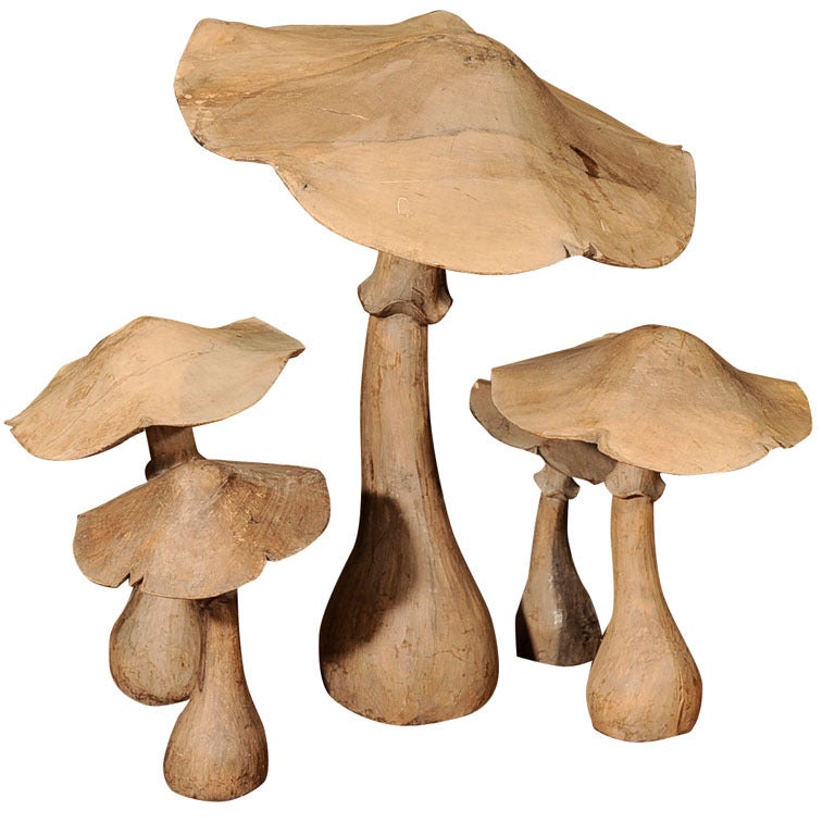 Hand Carved French Poplar Wood Mushrooms For Sale