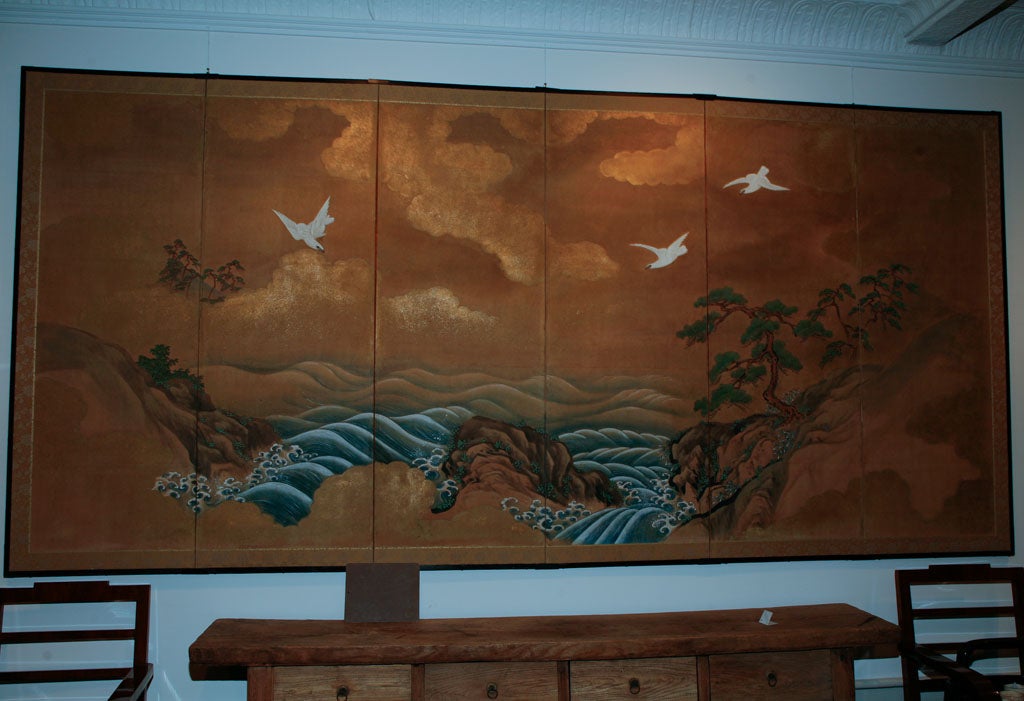 Japanese Screen: Painting of White Falcons and Waves.