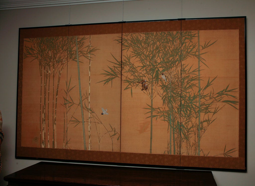 Four Panel Japanese Screen : Painting of Bamboo and Finches on Silk, c. 1900