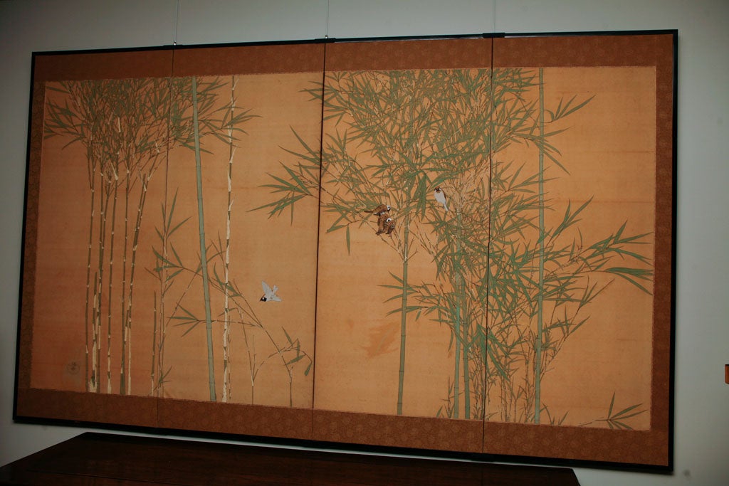 20th Century Japanese Screen: Painting of Bamboo and Finches on Silk.