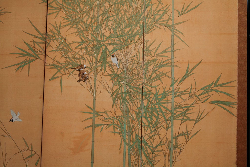 Japanese Screen: Painting of Bamboo and Finches on Silk. 1