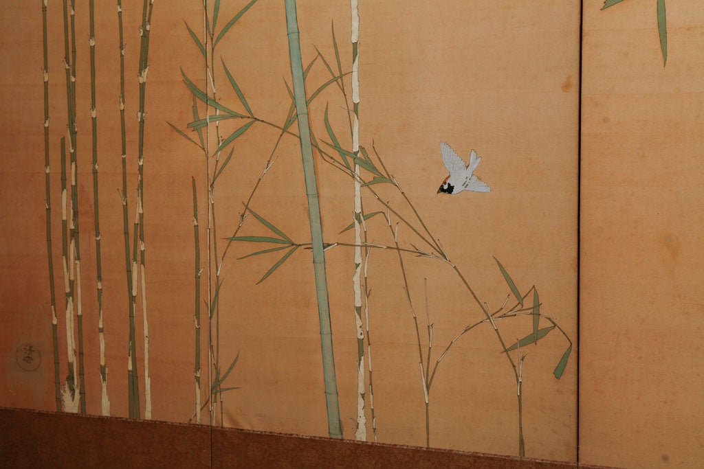 Japanese Screen: Painting of Bamboo and Finches on Silk. 2