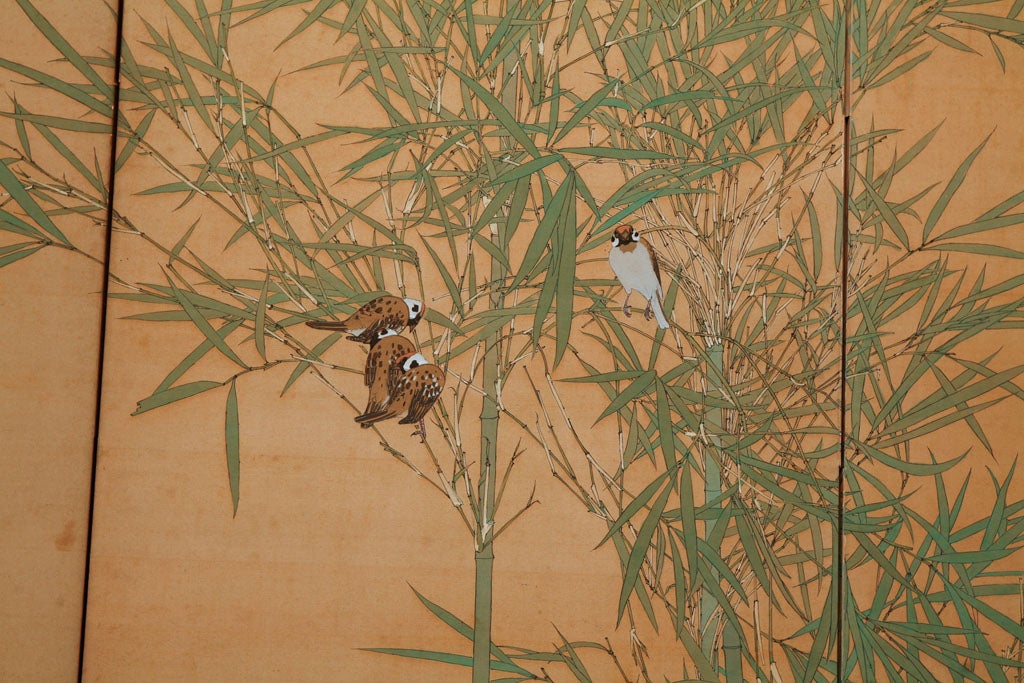 Japanese Screen: Painting of Bamboo and Finches on Silk. 3