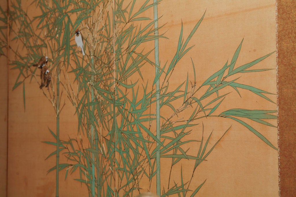 Japanese Screen: Painting of Bamboo and Finches on Silk. 4