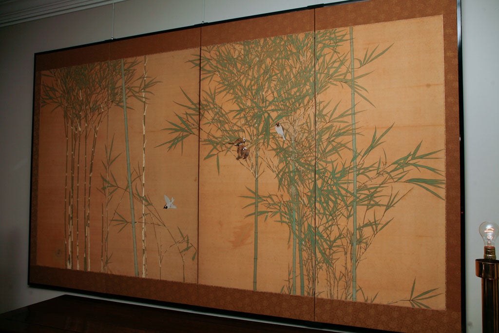 Japanese Screen: Painting of Bamboo and Finches on Silk. 6
