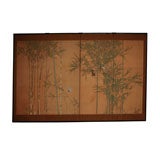 Japanese Screen: Painting of Bamboo and Finches on Silk.