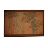 Japanese Screen: Painting of Bamboo and Finches on Silk.