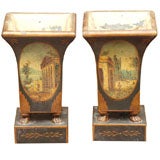 PAIR OF TOLE SCENIC VASES Antique PAIR OF TOLE SCENIC VASES
