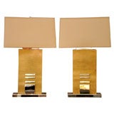 Pair of Burl Wood and Chrome Lamps with Silk Shades