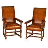 PAIR 19TH C LIBRARY LEATHER ARM CHAIRS
