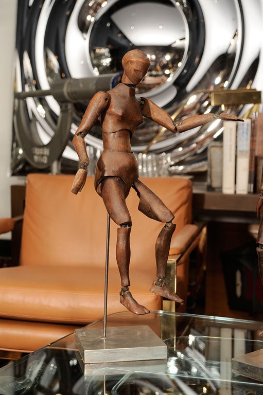 Rare matching male and female artist mannequins on custom nickel stands. Artist stamped and in amazing condition. Incredible examples.