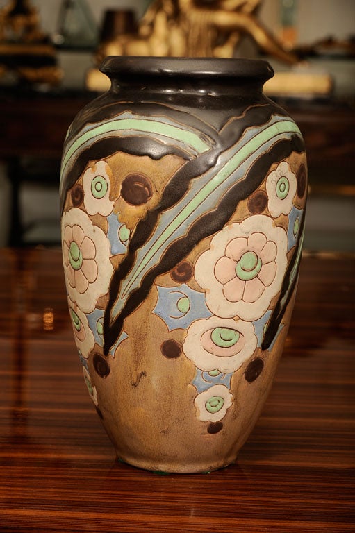 20th Century Boch Decorated Brown Stoneware Vase by Catteau For Sale