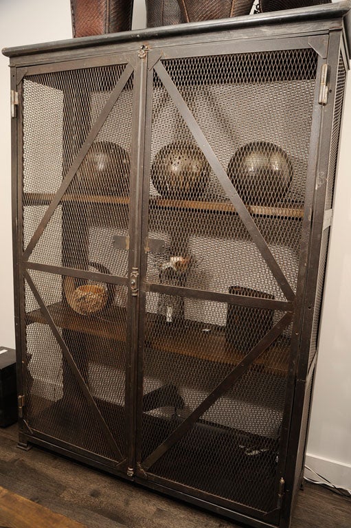 Industrial Steel Frame Armoire with steel mesh and wood shelves