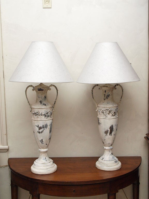 Vintage Distressed Painted Bronze Urn Lamps with Shade