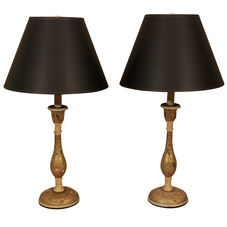 Pair Papier Mache Kasmiri Candlestick Lamps, c. 1900