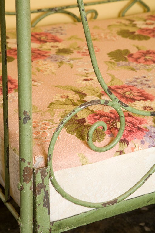 Fun old green crusty iron day bed with custom box springs in vintage fabric.