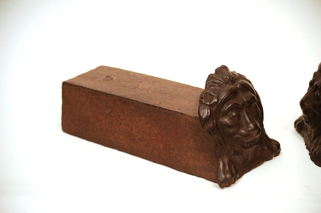 French Cast Iron Lion Head Andirons