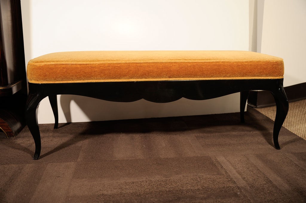 North American Stunning 1940s Art Deco Cabriole Bench in Ebonized Walnut and Marigold Mohair