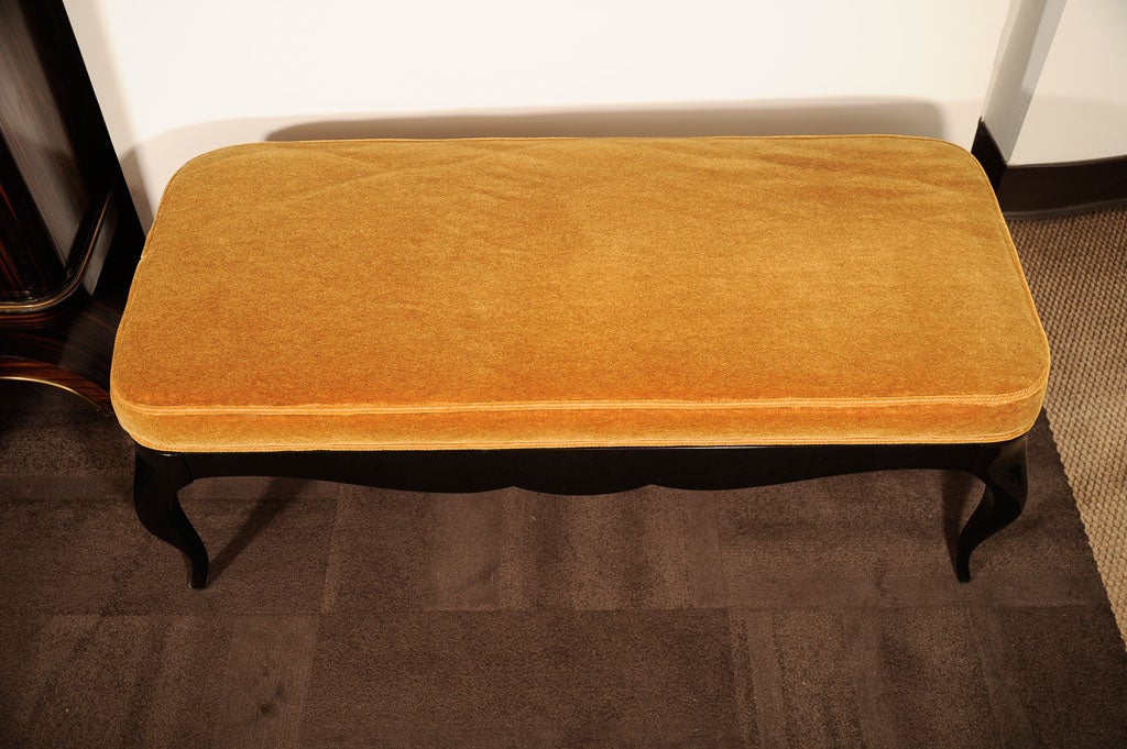 Stunning 1940s Art Deco Cabriole Bench in Ebonized Walnut and Marigold Mohair 1