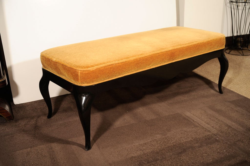 Stunning 1940s Art Deco Cabriole Bench in Ebonized Walnut and Marigold Mohair 4