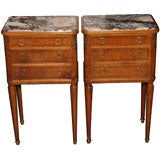 Pair antique French amboyna wood and marble top bedside cabinets