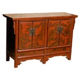 Antique Qing Dynasty Red Painted Chinoiserie Four Door Cabinet