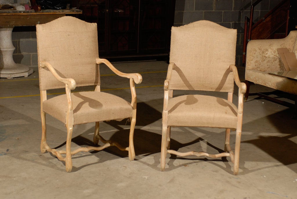 Pair 1940s French "Mutton Bone" Arm Chairs  in White Pickled Oak