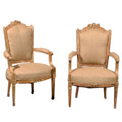 Pair 19th Century Louis XVI Style Gilt-wood Bergere Chairs