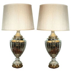 PAIR Large Urn Mercury Glass Lamps with Raffia Shades