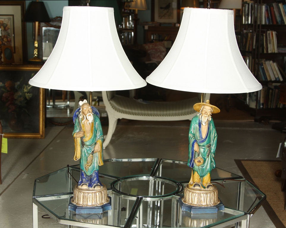 Rare Pair of Chinese Mudmen Lamps with Shades