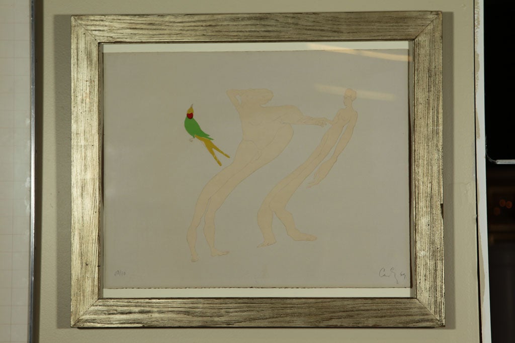 A print on artists paper in silver leafed drift wood Modernist frame by Chilean artist Enrique Castro-Cid.  This work typifies Mr. Castro-Cid's work as he was among the first artists to use computer aided design in the creation of his drawings,