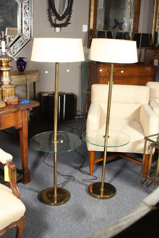 Pair Brass Floor Lamps with Glass Table