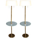 Pair Brass Floor Lamps with Glass Table