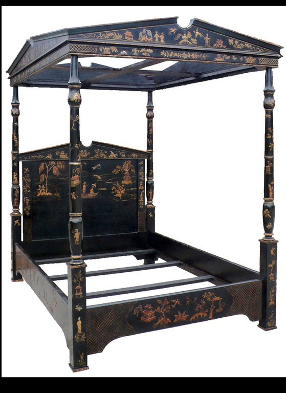 Hand-Carved Chinoiserie  Canopy Bed